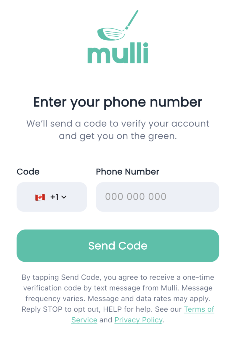 Mulli phone sign-in screen showing the SMS consent line below the Send Code button